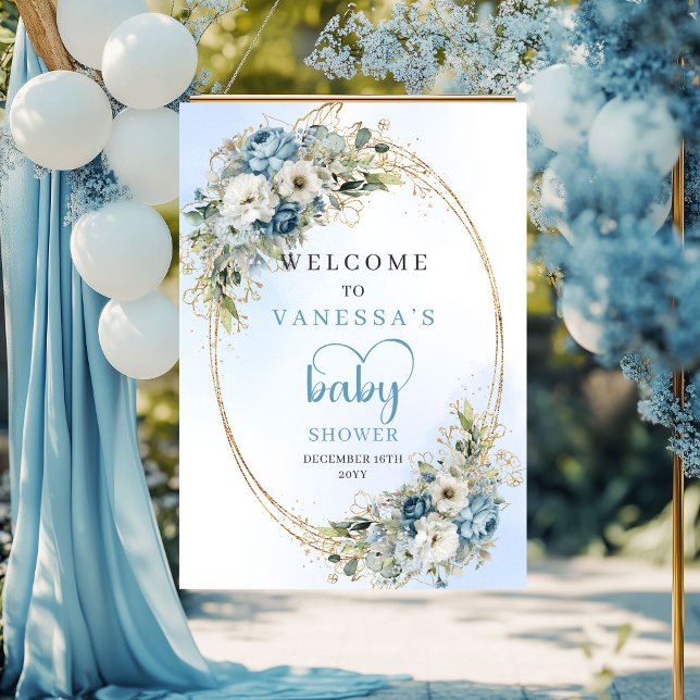Póster Fiesta de bebé de flora azul pastel bohemio (Bohemian Pastel Blue Floral Greenery Baby Shower Sign

)