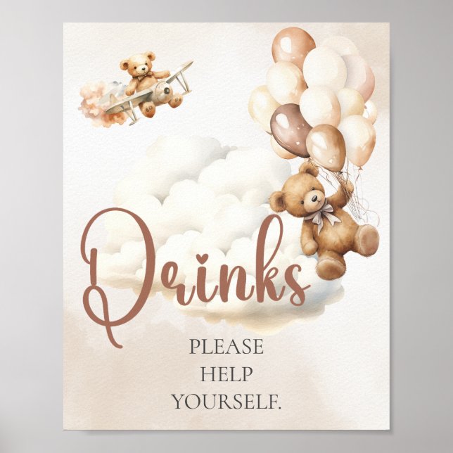 Póster Fiesta de Bebé de Oso | Letrero de Bebidas (Frente)