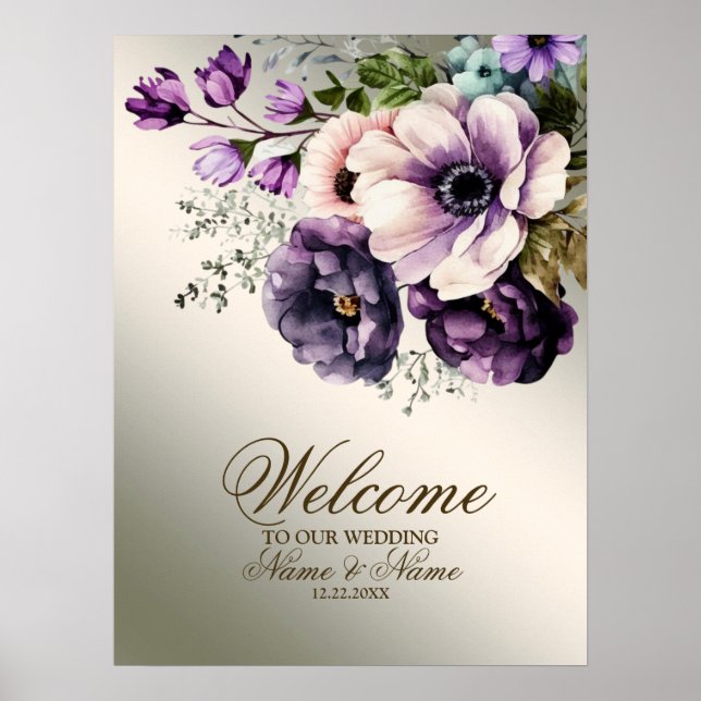 Póster Fiesta de bienvenida acuarela morado flores rosada (Frente)