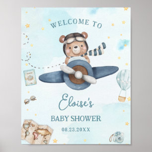 Póster Fiesta de Bienvenida de Bebé Niño Avión Azul Oso L