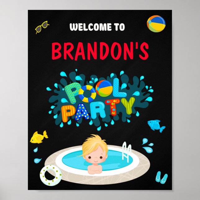 Póster Fiesta de bienvenida de la piscina signo niño post (Frente)
