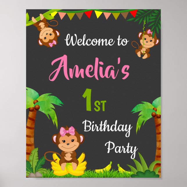 Póster Fiesta de bienvenida de mono Chica de señas fiesta (Frente)