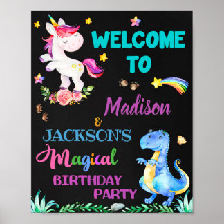 Póster Fiesta de bienvenida de Unicornio y Dinosaurio fir