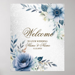 Póster Fiesta de Bienvenida Dusty Blue Flores Acuarela Pl
