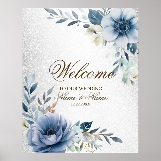 Póster Fiesta de Bienvenida Dusty Blue Flores Acuarela Pl (Frente)