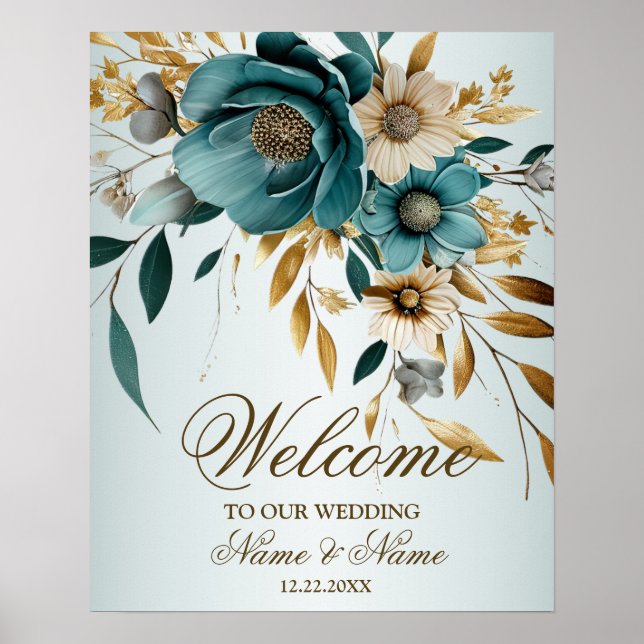 Póster Fiesta de bienvenida Flor blanca turquesa hojas do (Frente)