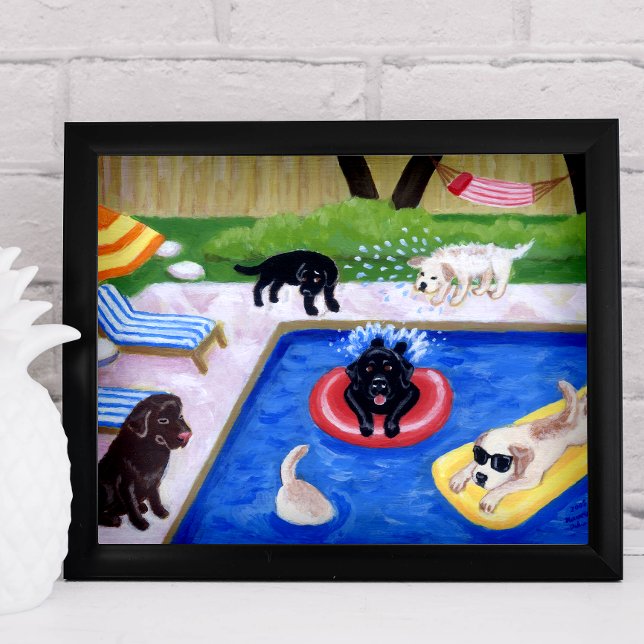 Póster Fiesta de billar Labradors (nueva obra de arte) (Pool Party Labradors Poster for Labrador Owners, Beach House.  Whimsical Lab artwork for poolside.)