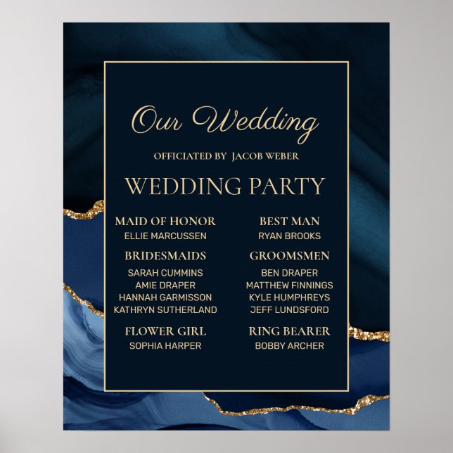 Póster Fiesta de Boda de Mármol Azul Marino y Oro (Frente)