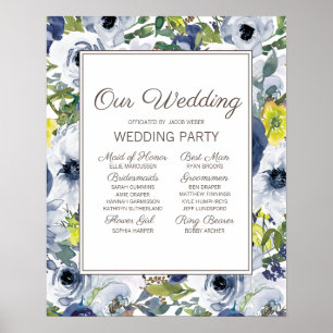 Póster Fiesta de Boda Floral Azul Marino Amarillo Blanco