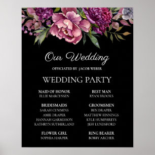 Póster Fiesta de Boda Floral Rosa Púrpura Negra 