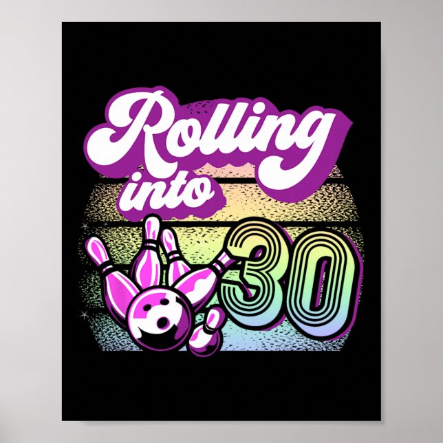 Póster Fiesta de boliche rodando en 30 bolos cumpleaños (Frente)
