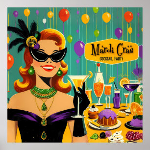 Póster Fiesta de Cocktail Retro Mardi Gras de los 50