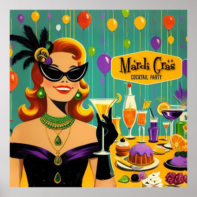 Póster Fiesta de Cocktail Retro Mardi Gras de los 50 (Frente)