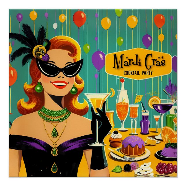 Póster Fiesta de Cocktail Retro Mardi Gras de los 50 (Anverso)