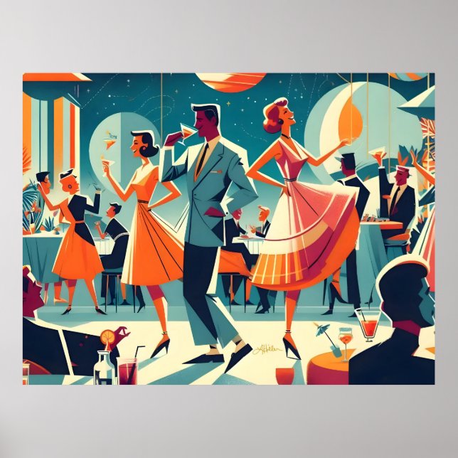 Póster Fiesta de Cóctel de la Era Espacial de Mitad de Si (Frente)