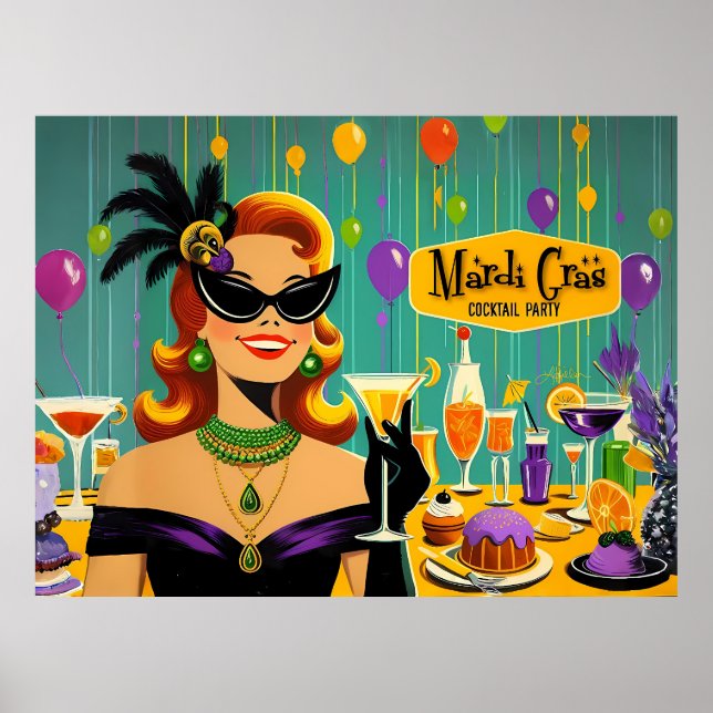 Póster Fiesta de Cóctel Martini de Mardi Gras Retro de lo (Frente)