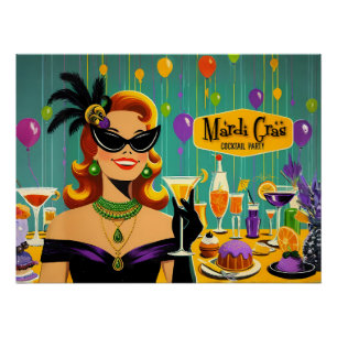 Póster Fiesta de Cóctel Martini Retro 50s Mardi Gras