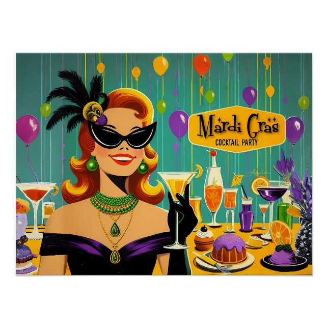 Póster Fiesta de Cóctel Martini Retro 50s Mardi Gras (Anverso)