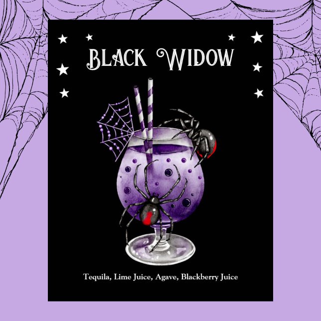 Póster Fiesta de cócteles de Halloween con receta de viud (Halloween Cocktail Party with Black Widow Recipe Poster)