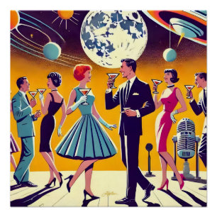 Póster Fiesta de cócteles de la era espacial de mediados 