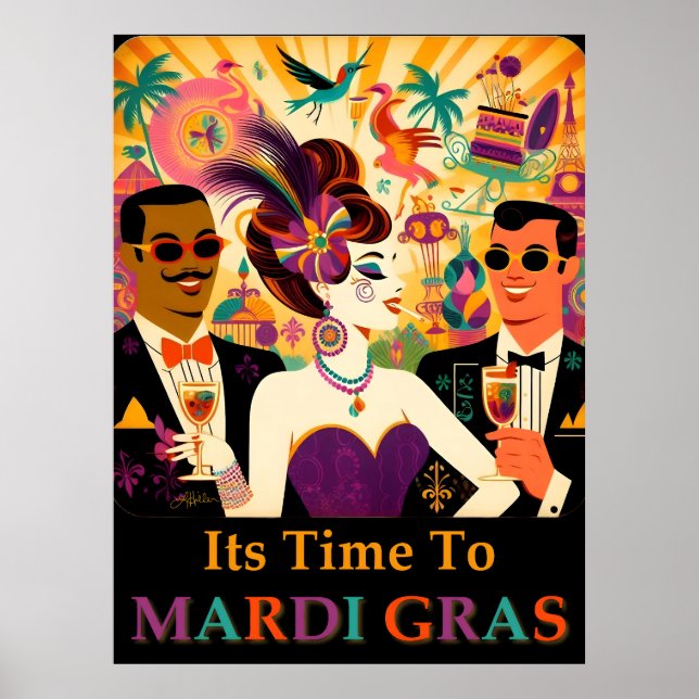 Póster Fiesta de cócteles de Mid Century Mardi Gras (Frente)
