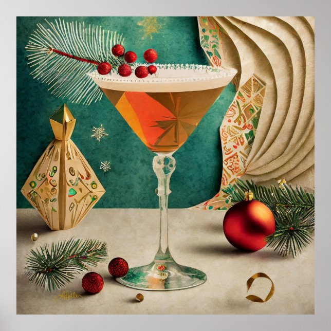 Póster Fiesta de cócteles de Navidad de mediados de siglo (Frente)