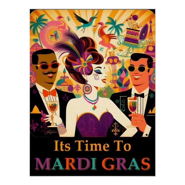 Póster Fiesta de cócteles del Mardi Gras Retro de Mediado (Anverso)