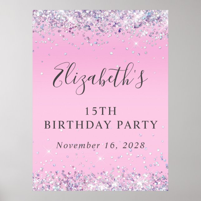 Póster Fiesta de cumpleaños 15 Glitter Pink (Frente)