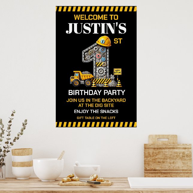 Póster Fiesta de cumpleaños 1 de Construcción Adorable (Cocina)