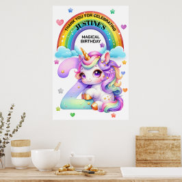 Póster Fiesta de cumpleaños 2 de arcoíris y unicornio lin