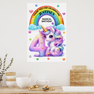 Póster Fiesta de cumpleaños 4 de arcoiris y unicornio lin