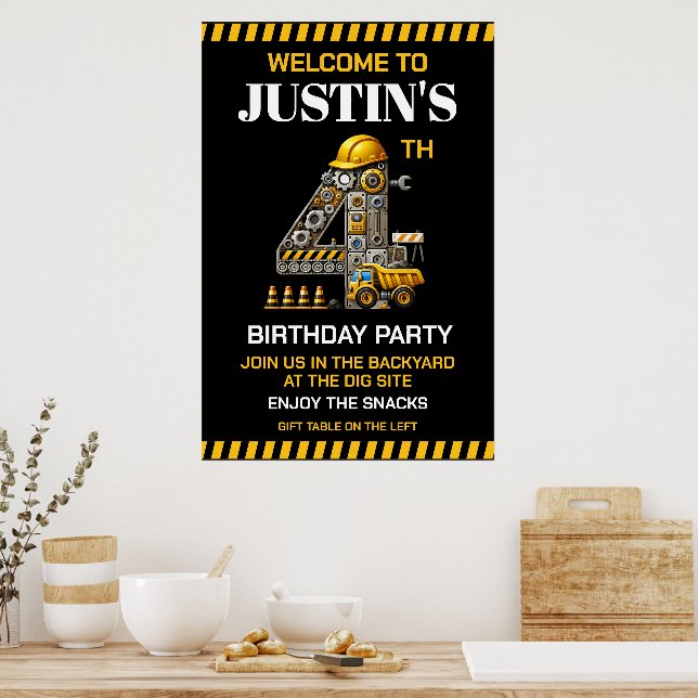 Póster Fiesta de cumpleaños 4 de Construcción Adorable (Cocina)