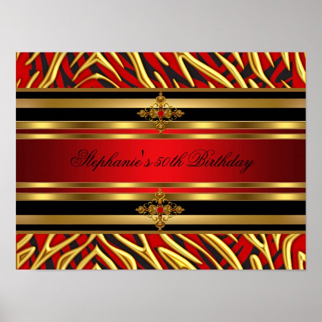 Póster Fiesta de cumpleaños 50 Rojo Cebra Dorado Negro (Frente)
