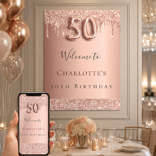 Póster fiesta de cumpleaños 50 rosa oro bienvenida
