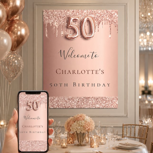 Póster fiesta de cumpleaños 50 rosa oro bienvenida (Subido por el creador)