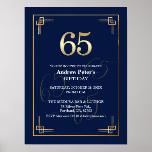 Póster Fiesta de cumpleaños 65 Elegante Azul Oro