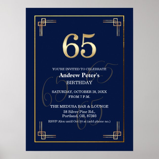 Póster Fiesta de cumpleaños 65 Elegante Azul Oro (Frente)