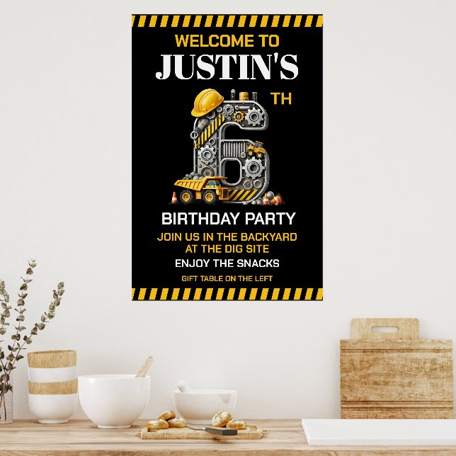 Póster Fiesta de cumpleaños 6 de Construcción Adorable (Cocina)
