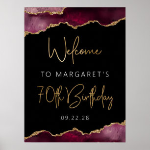 Póster Fiesta de cumpleaños 70 Burgundy Gold Agate Bienve