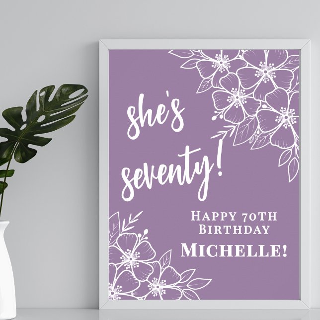 Póster Fiesta de Cumpleaños 70 de Bienvenida Morado (Purple 70th Birthday Party Welcome Poster)