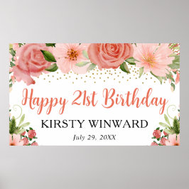 Póster Fiesta de cumpleaños boho de rosas rosadas en acua