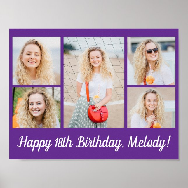 Póster Fiesta de cumpleaños con collage de fotos morado b (Frente)