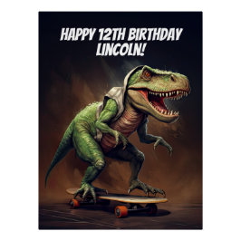 Póster Fiesta de Cumpleaños con T-Rex en Monopatín
