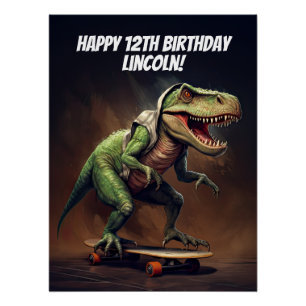 Póster Fiesta de Cumpleaños con T-Rex en Monopatín