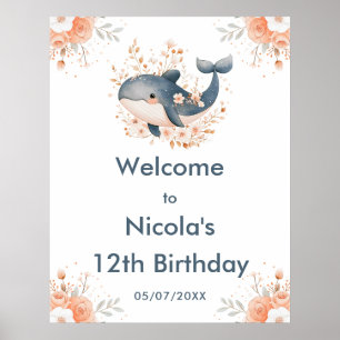 Póster Fiesta de Cumpleaños de Ballena Floral Adorable Bi