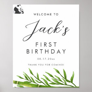 Póster Fiesta de cumpleaños de Bamboo Cute Panda Greenery