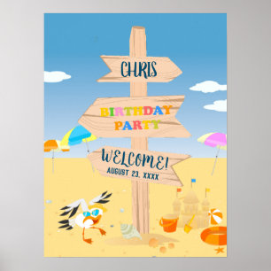 Póster Fiesta de cumpleaños de bebé niño en la playa con
