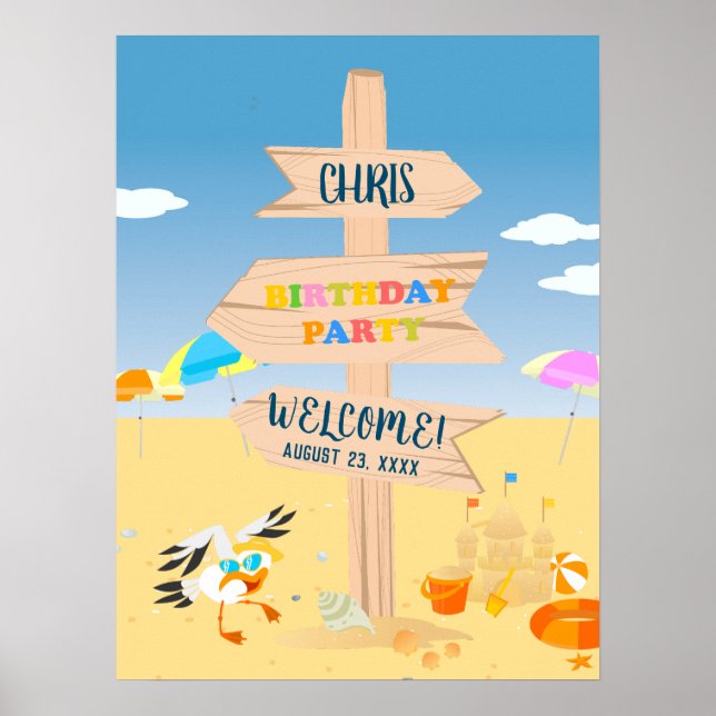 Póster Fiesta de cumpleaños de bebé niño en la playa con  (Frente)