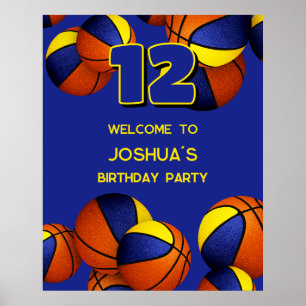 Póster fiesta de cumpleaños de blue gold basketball