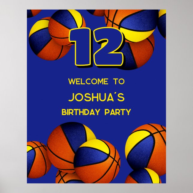 Póster fiesta de cumpleaños de blue gold basketball (Frente)